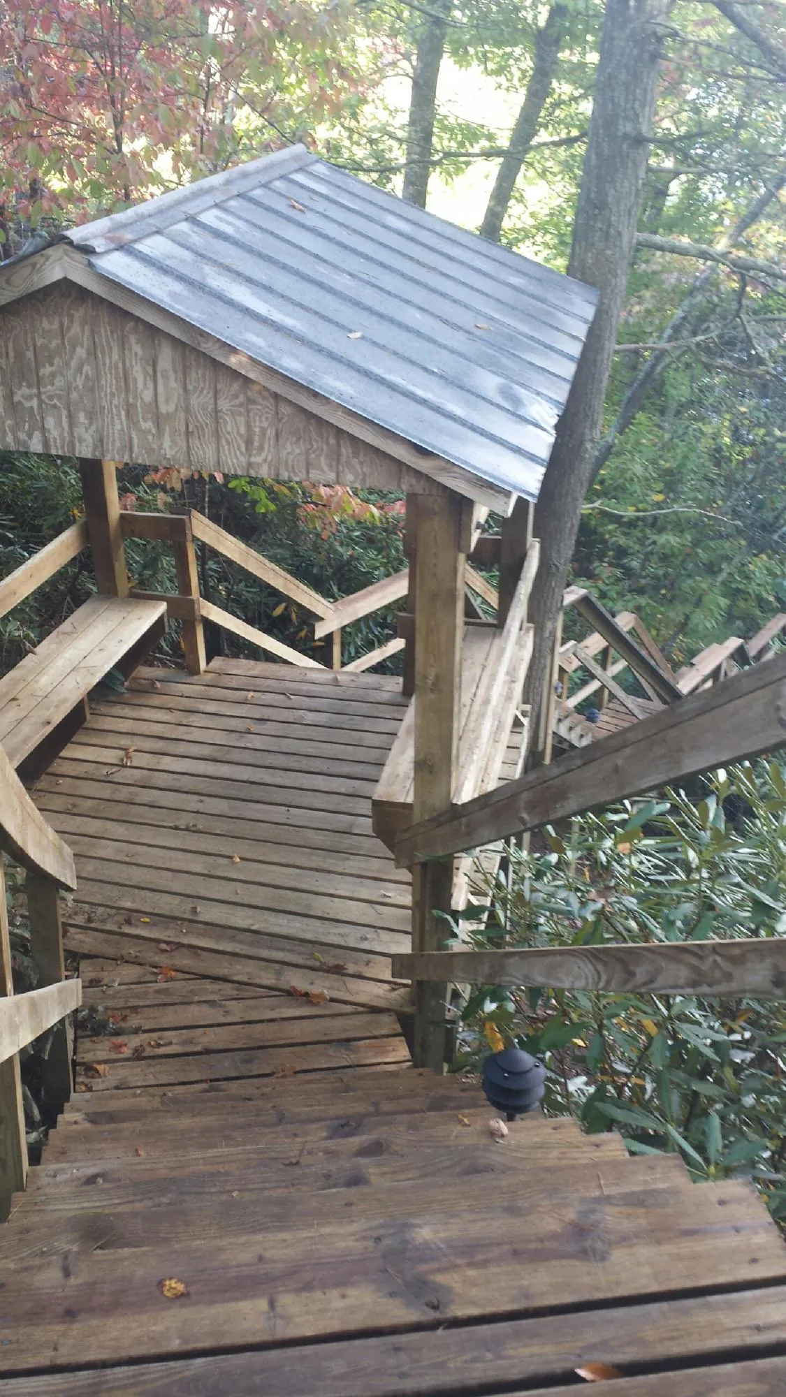 Metal roofed shelter over wooden steps on a wooded walkway — Skylight Repair & Installation work by our crew in Holley